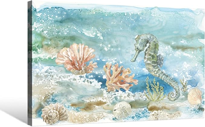 Ocean Wall Decor Seahorse Canvas Art Coastal Marine Sea Life Themed Painting Watercolor Seashell Nautical Picture Coral Artwork for Bathroom Bedroom 24x16Inch