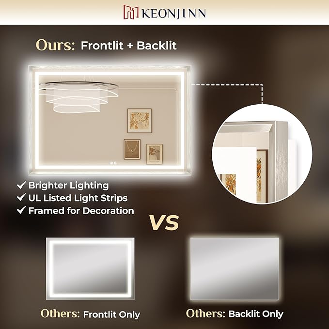 Keonjinn 22 x 30 in Brushed Nickel LED Mirror with Frontlit & Backlit, Lighted Mirrors for Bathroom Wall, Modern Brushed Beveled Framed, HD Tempered Glass, 3 Color Lights, Defogging, Memory Function