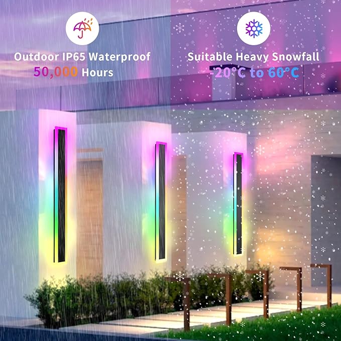 2 Pack Outdoor RGB Long Wall Lights, 57 inch Wall Lights RGB/Warm/White Dimmable Modern Led Wall Lighting, Ip65 Waterproof Wall Sconce with Remote APP Control for Outdoor/Indoor Party Gathering