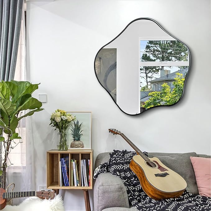 Asymmetrical Mirror, 24" Irregular Shaped Mirror for Wall, Wavy Round Mirrors Decorative, Modern Elegant Scalloped Vanity Mirrors for Living Room Bathroom Bedroom Hallway Entryway Fireplace