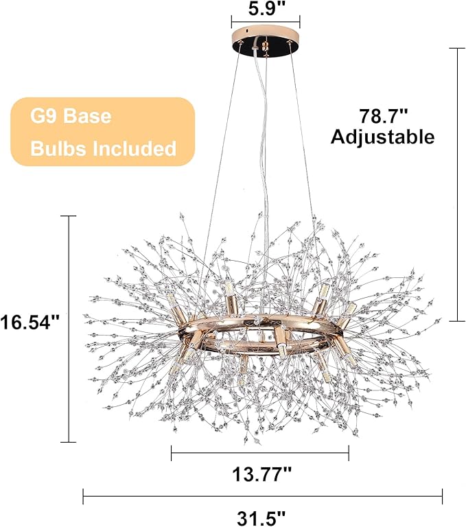 Modern Crystal Firework Chandelier, 12-Light (Bulb Included) Gold Dandelion Dining Room Light Fixtures, Round Hanging Pendant Light for Hight Ceiling, Living Room, Entryway, Staircase, Foyer