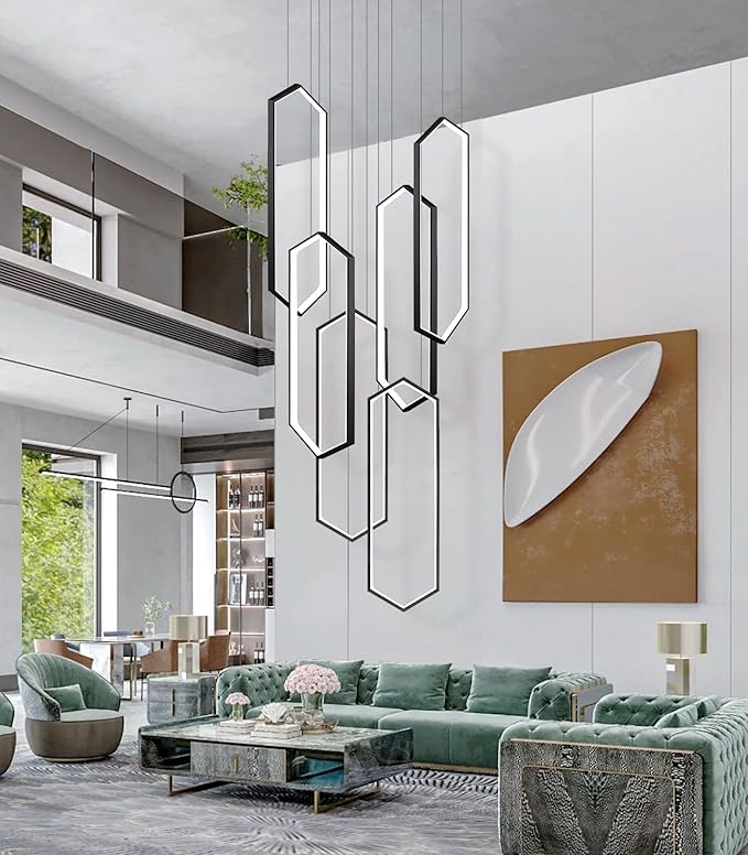 6-Rings Chandelier Modern, Black Contemporary LED Light for Living Room Entrance, Dimmable Flush Mount High Ceiling Chandeliers with Remote Control for Villa Foyer