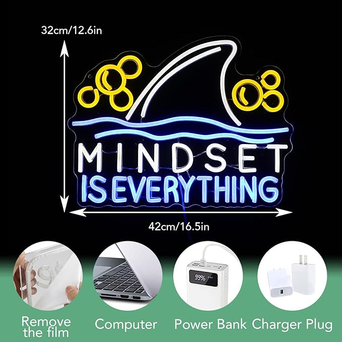 Mindset is Everything Neon Sign Led Fish Shark Neon Light Up Sign Dimmable Inspirational Neon Wall Decor sign for Classroom Office Bedroom School 16.5 * 12.6 IN