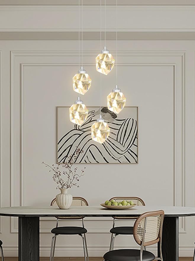 Modern LED Chrome Crystal Raindrop Chandeliers Adjustable Pendant Light for Kitchen Island 5-Light Dining Room Light Fixtures Over Table Dimmable 3000K-6000K