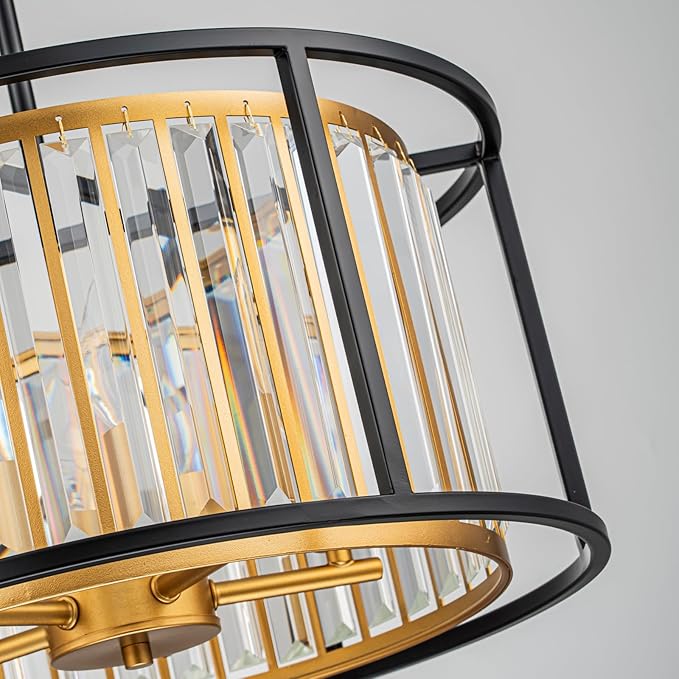 5-Light K9 Crystal Drum Chandeliers, Modern Pendant Light Fixture for Dining Room, Living Room, Bedroom, D18 x 12~58" Adjustable Height, Crystal Shade, Gold & Black Finish