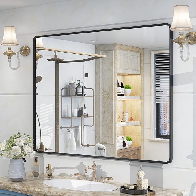 OKPAL 40X36 Inch Black Metal Framed Bathroom Mirror for Wall, Matte Black Bathroom Vanity Mirror, Black Rounded Rectangle Mirror Modern with Rustproof, Tempered Glass (Horizontal/Vertical)