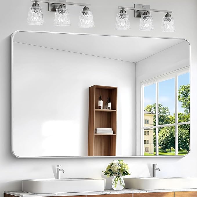 BONEWEI Silver Bathroom Mirror,60x40 inch Wall Mirror for Bathroom Wall Mounted,Rectangle Mirror for Bathroom Over Sink,Modern Frame Round Corner for Living Room,Bedroom Entryway,Horizontal/Vertical