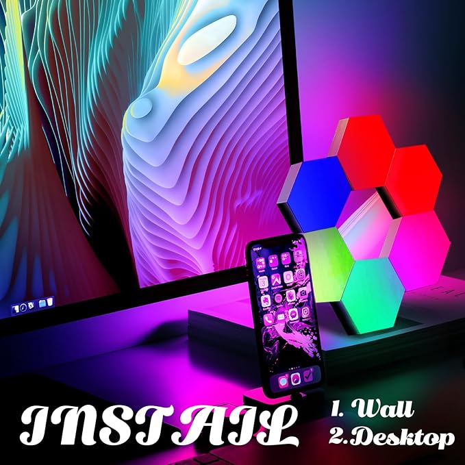 ODISTAR Remote Control Hexagon Wall Light,Smart Wall-Mounted Touch-Sensitive DIY Geometric Modular Assembled RGB led Colorful Light with USB-Power,Used in Bedroom (6-Pack)