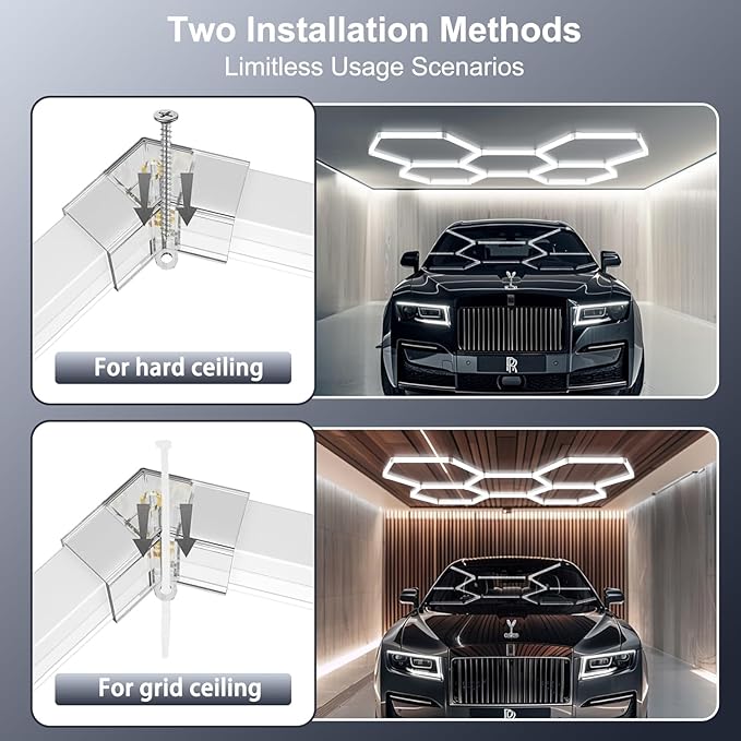 3 Colors Hexagon LED Shop Lights, 192W 23040LM Garage Ceiling Lights, Hardwire or Plug-in, IP62, Flicker-Free, Expandable DIY Design for Workshop Garage Gym, 25 Pack