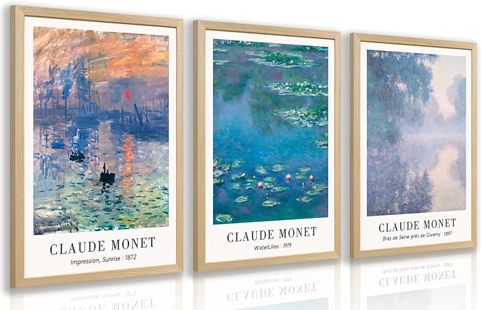 LLEEMPI Claude Monet Water Lilies Wall Art Set of 3, Maritime Sunrise Wall Decor, Vintage Aesthetic Botanical Canvas Prints, Classic Minimalist Poster Prints for Bedroom Office Wood Framed 16x24 Inch