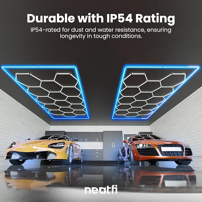 Neatfi LED Hexagon Garage Light 60,720 Lumens, 552W, Honeycomb Ceiling Light for Car Detailing, Auto Shops, Workshop, Warehouse, and Gym (15 Hex Grids, Blue)