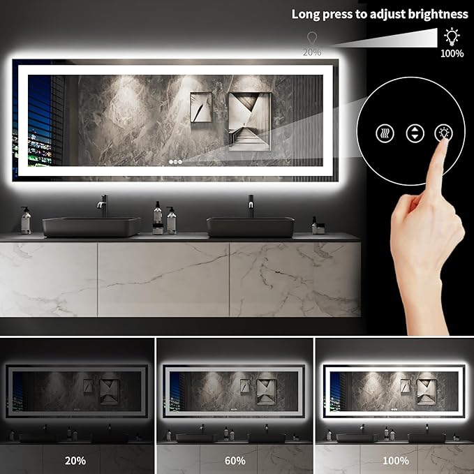LOAAO 96X36 LED Bathroom Mirror with Lights, Anti-Fog, Dimmable, Backlit + Front Lit, Lighted Bathroom Vanity Mirror for Wall, Memory Function, Tempered Glass, Shatter-Proof, ETL Listed