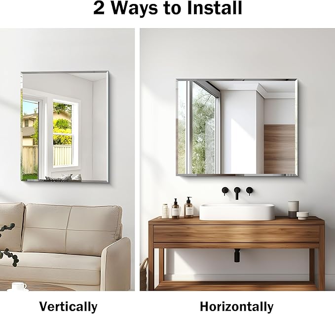 Beveled Mirror, 24x30 Frameless Beveled Bathroom Mirrors for Wall, Upgraded Shatterproof Rectangle Vanity Mirror with Beveled Edge for Bathroom, Bedroom, Living Room and Entryway