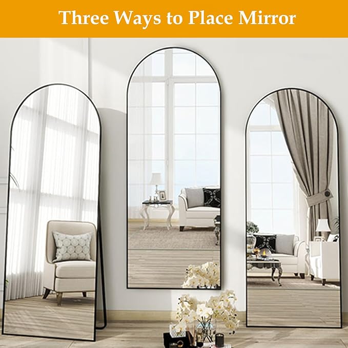 Arched Full Length Mirror, 64"x21" Large Floor Mirrors with Stand, Full Body Mirror for Leaning Hanging, Standing Mirrors for Bedroom, Living Room,Dressing Room, Aluminum Alloy Frame, Black