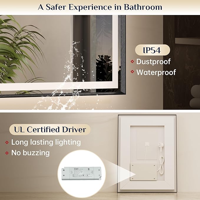 Keonjinn Black LED Mirror for Bathroom 24 x 30 Inch, Frontlit & Backlit Bathroom Vanity Mirror with Lights, HD Tempered Glass, UL Listed LED Driver, Beveled Framed, 3 Color Lights, Anit-Fog, Dimmable