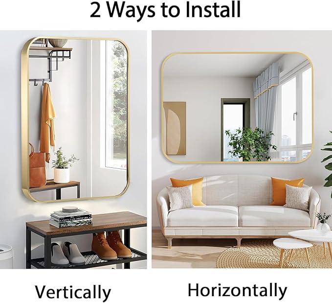 20x30 Inch Gold Bathroom Mirror, Brushed Gold Metal Framed Rectangular Mirror with Rounded Corner, Bathroom Vanity Mirror for Bedroom or Living Room, Horizontal/Vertical