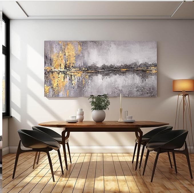 Abstract Wall Art Framed Canvas Wall Decor Gold Grey Pictures Vintage Prints Artwork for Living Room Dinning Room 29"x58"