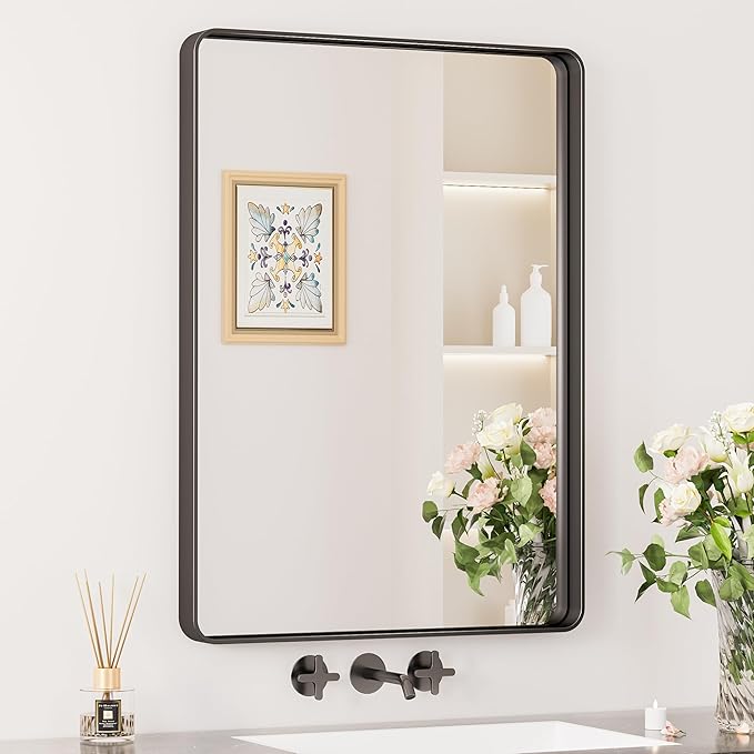 Keonjinn Black Bathroom Mirror, 22 x 30 Inch Rounded Rectangle Matte Black Bathroom Mirrors for Over Sink, Farmhouse Mirror with Seamless Frame, HD Tempered Glass Vanity Mirror(Horizontal/Vertical)