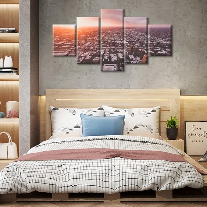 Chicago Sprawling at Sunset Wall Decor for Bedroom 5 Piece Chicago Skyline Cityscape Pictures Artwork Paintings Print on Canvas Giclee Print Gallery Packaging Artwork Ready to Hang (60"Wx32"H)