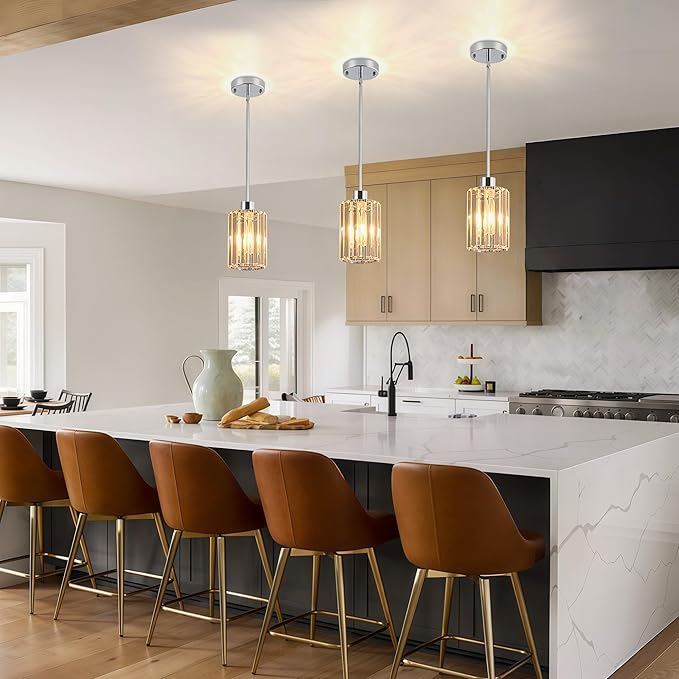 Modern Mini Crystal Pendant Lights Chandeliers Adjustable Sloped LED Hanging Ceiling Fixture Glass small Crystals for Kitchen Island Bathroom Living Room, Dining Room, Hallway, Bar 1PC (Chrome)