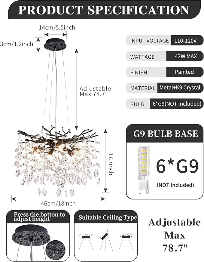 Modern Tree Branch Crystal Chandelier Luxury Black Crystal Pendant Lighting 18" Contemporary 6-Light Chandeliers for Dining Room Kitchen Bedroom Living Room