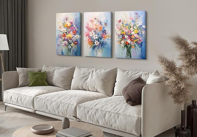 Colorful Flower Pictures Wall Decor Nature Wildflower Canvas Art for Bedroom Abstract Botanical Floral Oil Painting Prints Artwork Daisy Poppy Bouquet Poster Living Room Home Decorations 20x30” 3 Pcs
