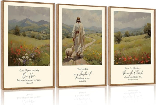 Aurlan Christian Bible Verses Framed Wall Art(16"x24"), 3PCS Vintage Jesus Leaves The 99 Lost Sheep Inspirational Scripture Canvas Artwork, Religious Abstract Flowers Nature Landscape Gallery Decor for Home Office Bedroom