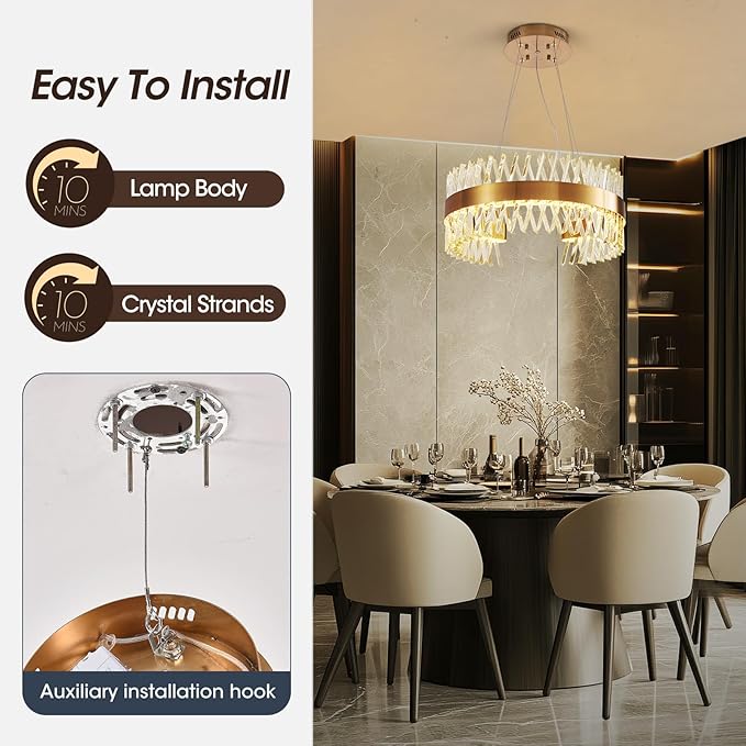 24" Modern Gold Crystal Chandeliers, Round Flush Mount Brass Crystal Lamp for Dining Room Living Room Kitchen Foyer K9 Clear Crystals,60W Led Dimmable 3000K