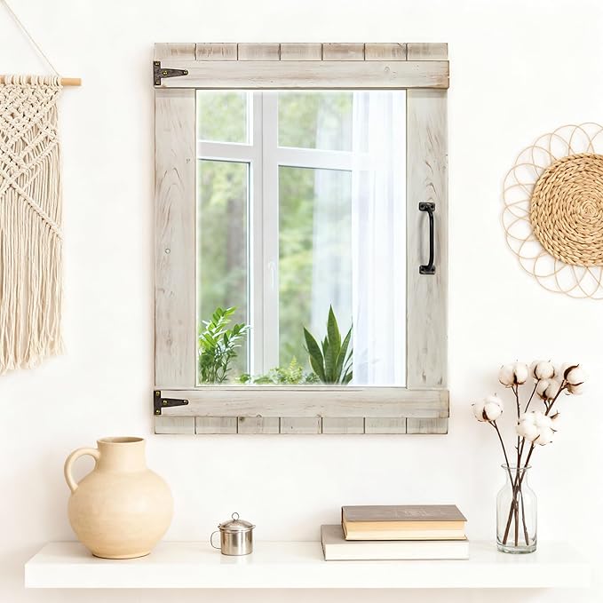 Oakrain Farmhouse Mirror, 24x32 Inch Distressed White Wood Frame with Black Metal Hinges, Rustic Wall Mirror for Bathroom, Living Room, Entryway, Bedroom