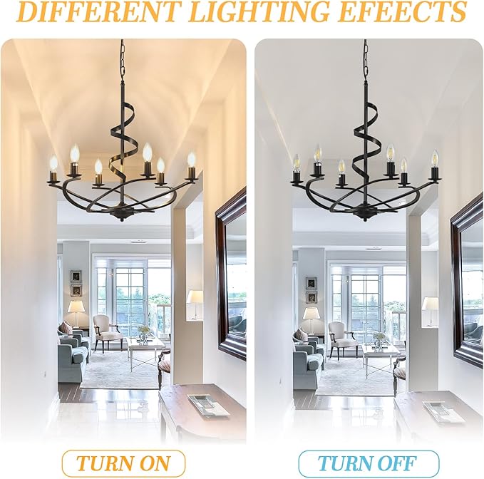 Black Chandelier, 6-Light Farmhouse Chandeliers for Dining Room, Rustic Kitchen Island Lighting, Modern Chandelier for Living Room, Hanging Pendant Lights for Bedroom, Foyer, Staircase, Entry