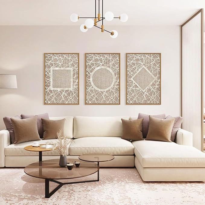 Aryroi Large Boho Neutral Geometric Framed Canvas Wall Art,Modern Circle Square and Rhombus Wall Decor,Minimalist Shapes Artwork,Abstract Mid Century Art Print For Living Room,Bedroom,Office-24"x36"x3