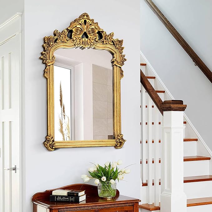 Baroque Vintage Mirror with Gold Arch Frame, Antique Ornate Mirror for Wall Decor, 21.7'' x 31.5'' Gold Wall Decor for Entryway, Fireplace, Living Room, Bathroom