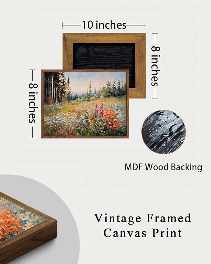 KISSFOX Vintage Framed Wall Art Mountain Meadow Wildflower Landscape Colorful Canvas Art Nature Serene Countryside Paintings Artwork Farmhouse Rustic Art Prints For Bedroom Bathroom Living Room