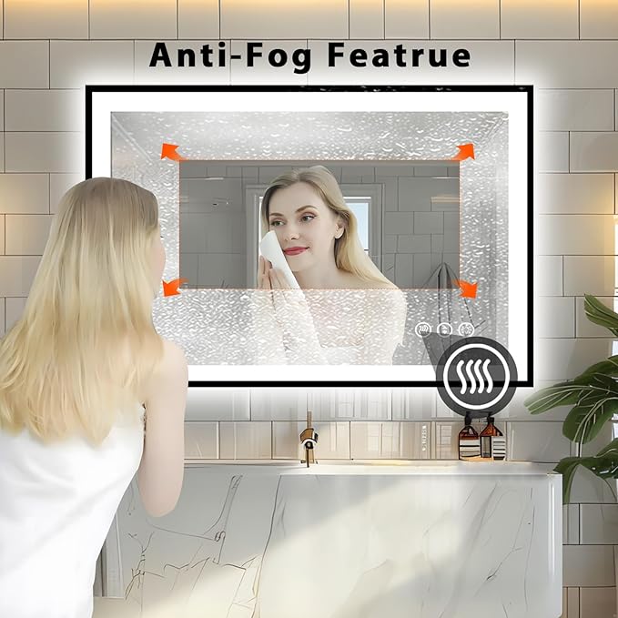48x36 LED Bathroom Mirror, Modern Rectanglar Matte Black Frame, 3 Colors Changeable, Front and Backlit, Makeup Vanity Mirror with Lights, Anti-Fog, Shatter-Proof, Memory (Horizontal/Vertical)