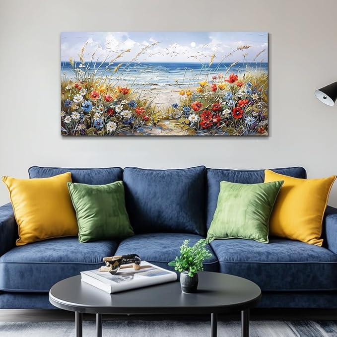 MHARTK66 Canvas Wall Art For Living Room Farmhouse Bedroom Wall Painting Blue Beach Ocean Pictures Office Photos Watercolor Wall Decor Flowers Nature Artwork For Walls Modern Home Decorations