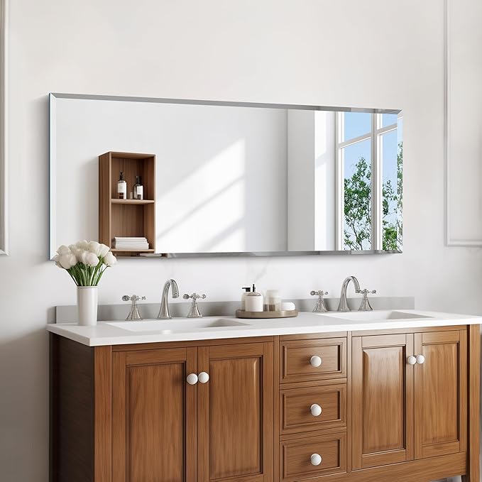 KOCUUY Beveled Mirror, 20x48 Inch Frameless Bathroom Mirror for Over Sink, Upgraded Shatterproof Beveled Unframed Design Mirror for Bathroom, Bedroom, Hang Horizontal/Vertical
