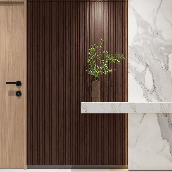 Art3d Slat Wood Wall Paneling for Interior and Ceiling Decoration - Pack of 4pcs + 1pc End-Trim, Size 108 x 5.7in.- Smoked Oak