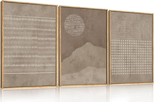 Large Mid Century Tan and Beige Framed Canvas Wall Art,Neutral Lines Dots Wall Decor,Abstract Sunset and Mountain Artwork,Boho Textured Shapes Art Print for Living Room,Bedroom,Office-16"x24"x3