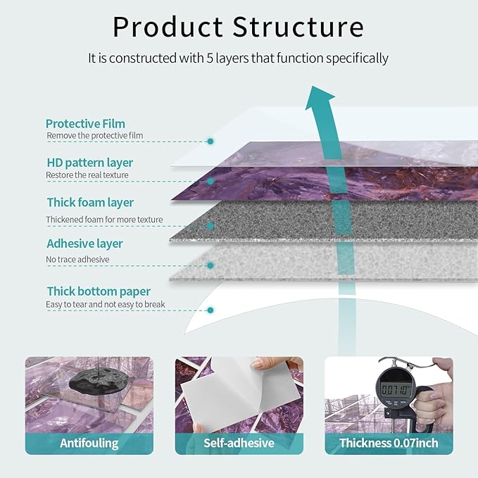 64-Pack Peel and Stick Backsplash Marble Wall Tiles, Waterproof 4" x 8" Glossy Imitation Fantasy Purple Marble, PVC Shower Wall Panels for Interior Wall Decor; Tile for Kitchen, Bathroom & Fireplace