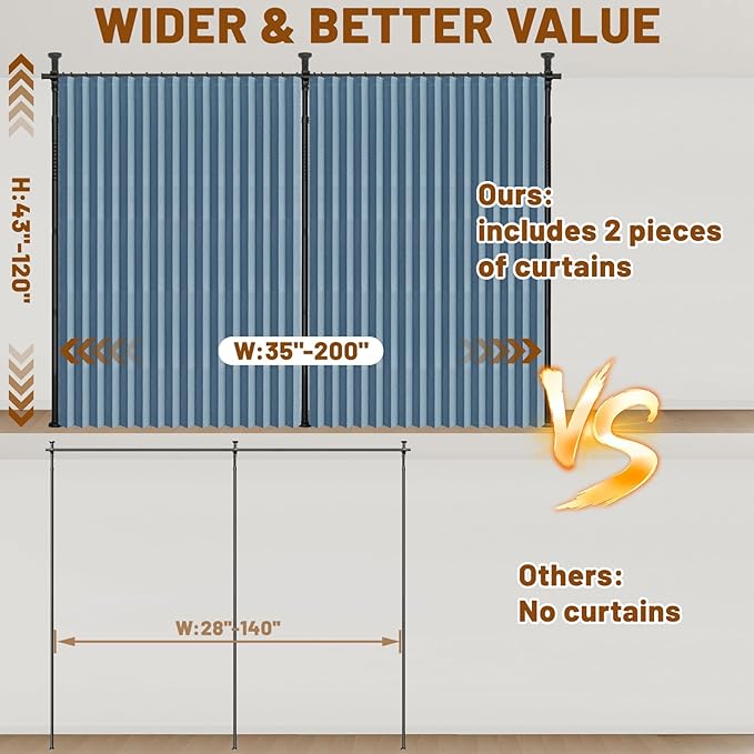 AJAZZ Room Divider Curtain (2 Panels, Blue, W100 x L96 in)+ Tension Curtain Rod No Drilling (H) 43-120×(W) 35-200 in, for Privacy/Soundproof Curtains, Heavy Duty Wall Separator