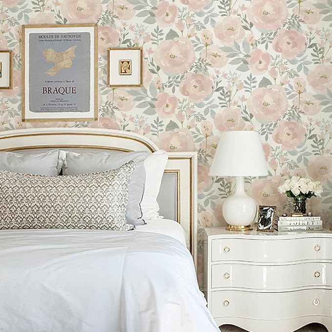 Orainege Peel and Stick Wallpaper Floral Wallpaper 17.3in x118.1in Floral Contact Paper Peony Self Adhesive Removable Wall Paper for Cabinets Walls Shelf Liner, Light Pink