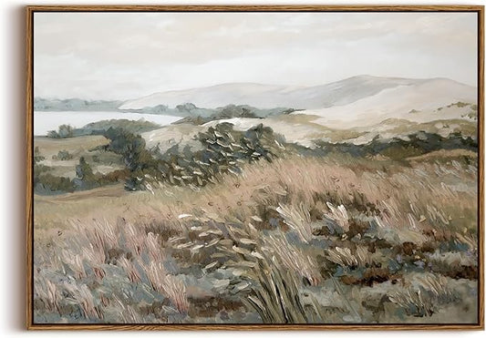 KISSFOX Vintage Landscape Canvas Wall Art Neutral Farmhouse Hills Lake Framed Wall Art Serene Countryside Paintings Artwork Rustic Art Prints For Bedroom Living Room