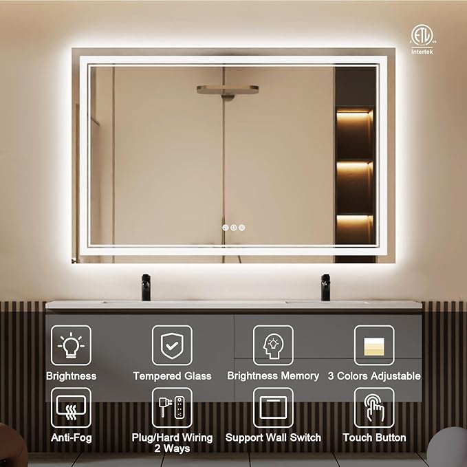 60x40 Inch LED Bathroom Mirror with Lights, Backlit and Front Lighted Bathroom Mirrors for Wall, Anti-Fog Dimmable Memory Shatterproof LED Vanity Mirror for Bathroom