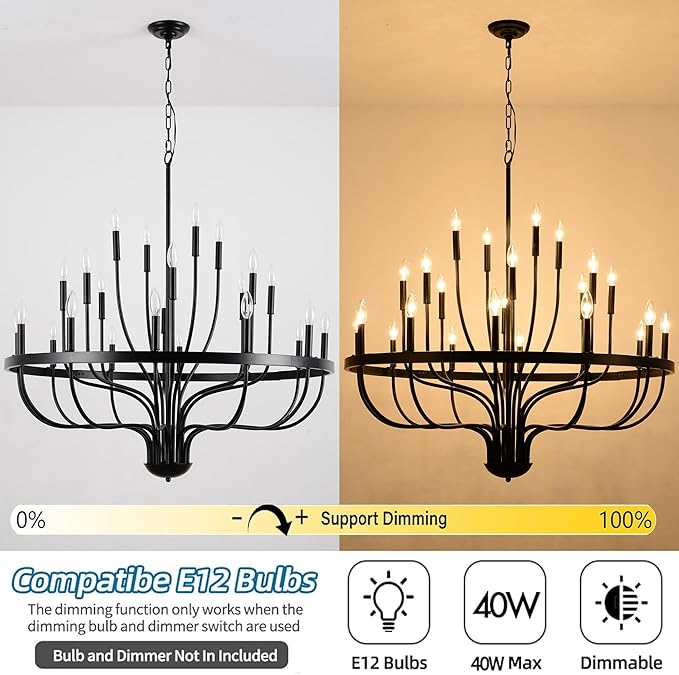 Black Chandelier 24-Light Industrial Iron Candle Chandelier Modern Suspended Farmhouse Chandeliers Pendant Light Fixtures for Dining Room Bedroom Living Room Kitchen Island Foyer E12 Bulb