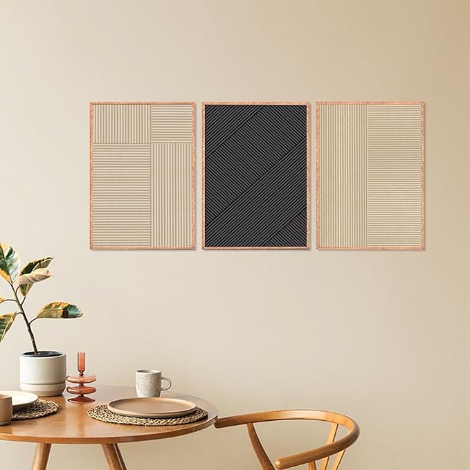 KAIRNE Modern Minimalist Wall Art Set of 3, Beige and Black Striped Geometric Prints with Wood Frame, Abstract Textured Wall Decor for Living Room, Bedroom, Office - 16x24 inch