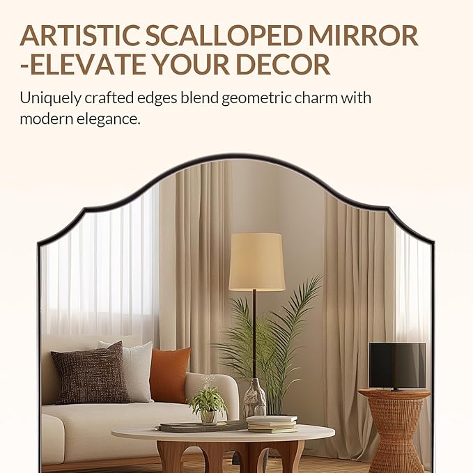 ANDY STAR Scalloped Arched Mirror, 24x36 Inch Brushed Nickel Mantle Mirror with Stainless Steel Metal Frame, Modern Silver Wall Mirrors for Bathroom, Living Room, Entryway, Wall Mounted Vertically