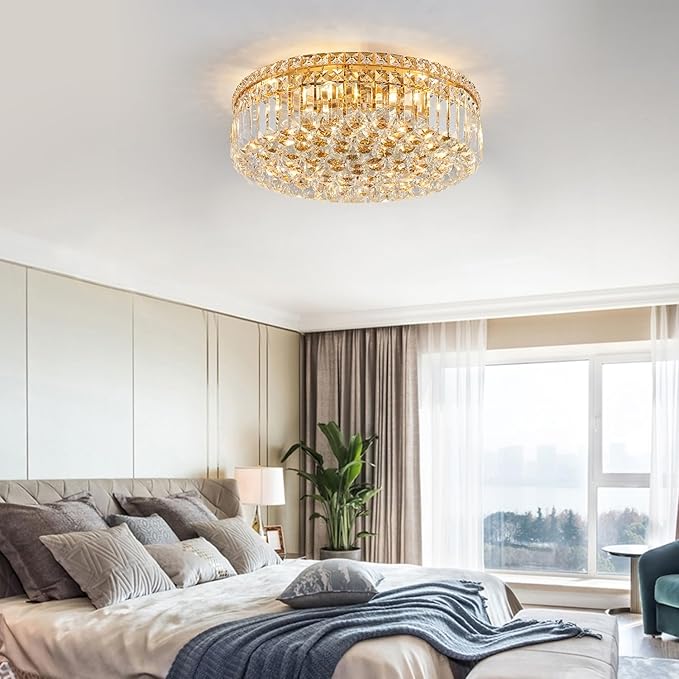 6-Lights Gold Crystal Flush Mount Chandelier Light Fixture K9 Crystals Modern Ceiling Lights Elegant Pendant Lamp for Bedroom,Hallway,Bar,Living Room,Dining Room,H5.9 xW20 (Bulbs Not Included)