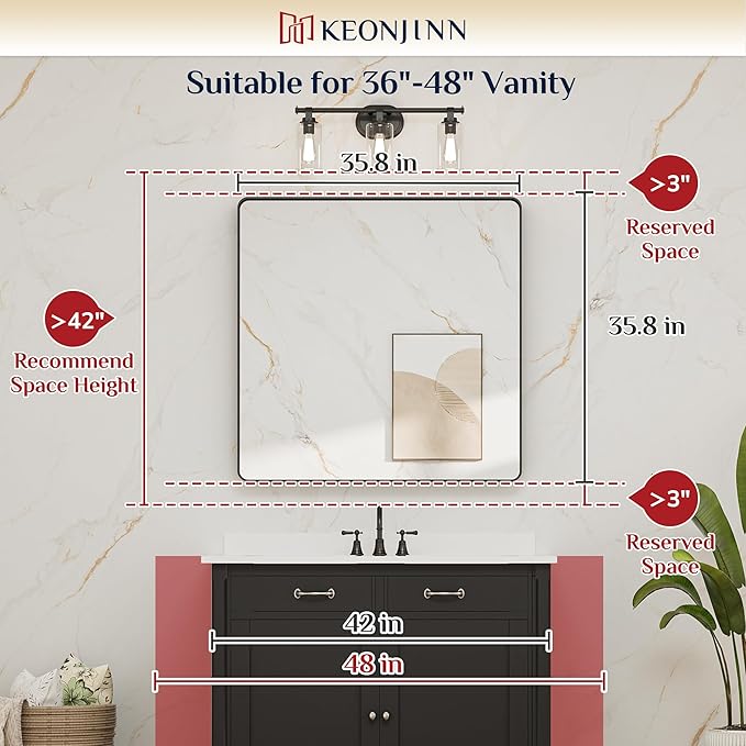 Keonjinn Black Bathroom Mirrors for Over Sink, 36 x 36 Inch Large Square Mirrors for Wall, Rounded Rectangle Matte Black Farmhouse Vanity Mirror, HD Tempered Glass Modern Mirror(Horizontal/Vertical)