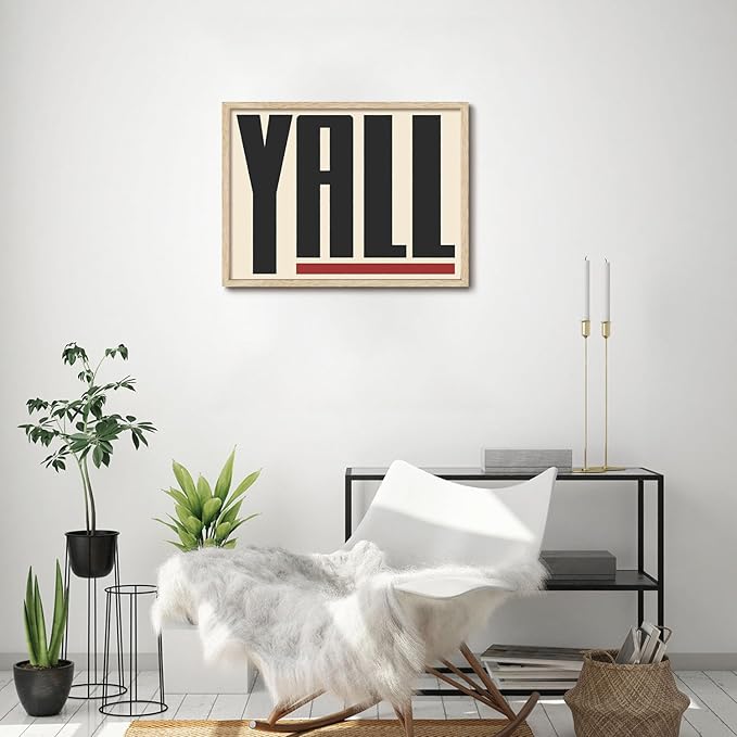 KISSFOX Western Typography OAK Wood Framed Wall Art Farmhouse YALL Means All Canvas Art Prints Rustic Southwestern Pictures Wall Decor Modern Minimalist Artwork For Gallery Bistro Entryway Living Room