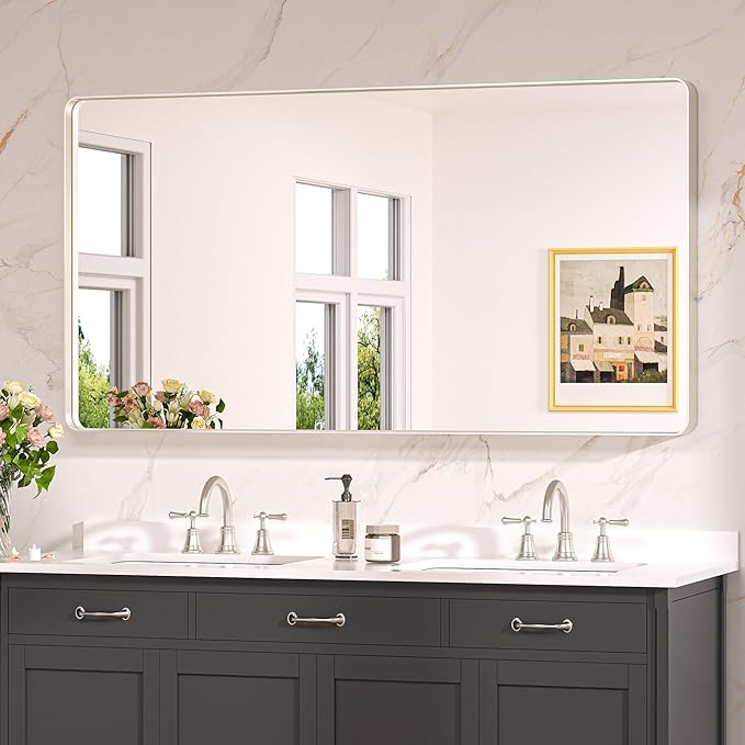 Keonjinn 55 x 30 Brushed Nickel Bathroom Vanity Mirror, Large Rounded Rectangle Bathroom Mirrors for over Sink, Metal Framed Silver Mirror for Wall, Shatterproof HD Tempered Glass(Horizontal/Vertical)